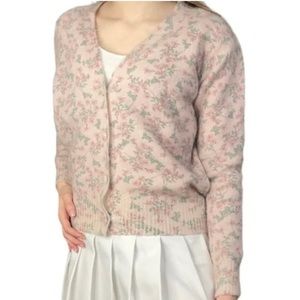 BARTOLINI Floral Soft Knit Cardigan Sweater Mohair Alpaca Pink